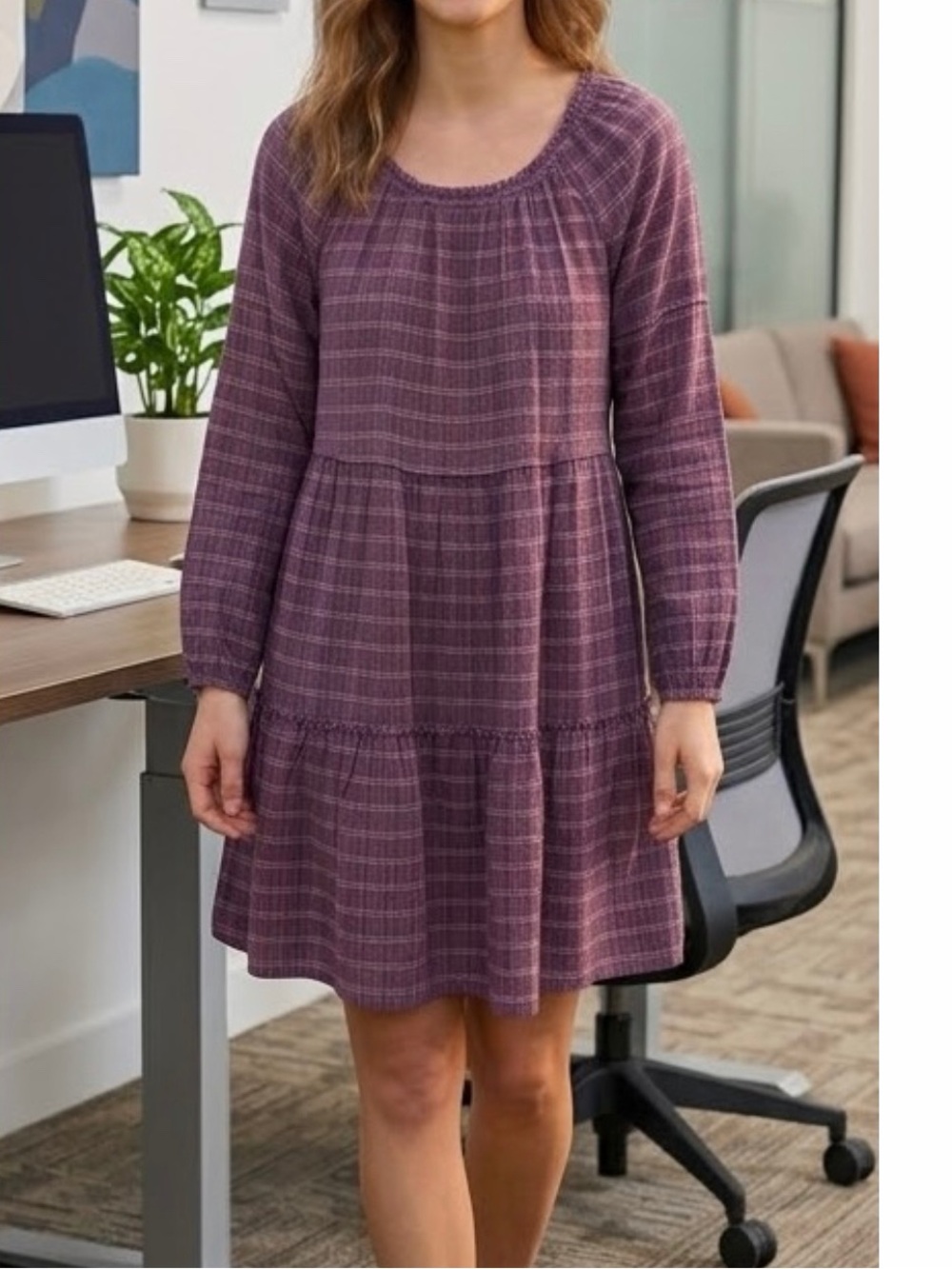 Wonderly Plum Plaid Tiered Long Sleeve Dress S